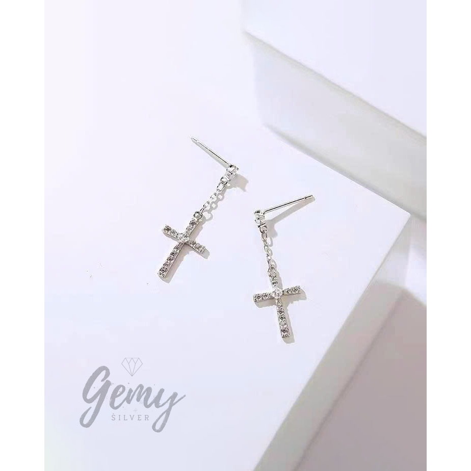 Khuyên tai nam nữ bạc 925 thiết kế hình thánh giá, chữ thâp đính đá basic (1 chiếc) K114 | GEMY SILVER