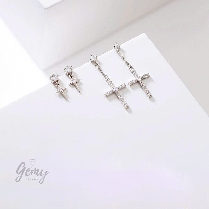 Khuyên tai nam nữ bạc 925 thiết kế hình thánh giá, chữ thâp đính đá basic (1 chiếc) K114 | GEMY SILVER
