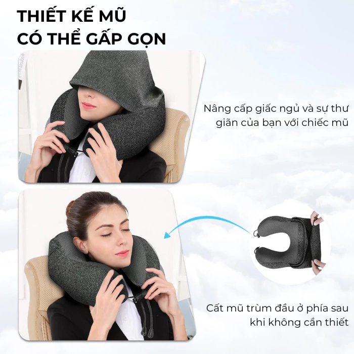 Gối chữ U trùm đầu HADI cao su non, gối kê cổ chống đau mỏi cổ gáy, gối du lịch tiện lợi M08