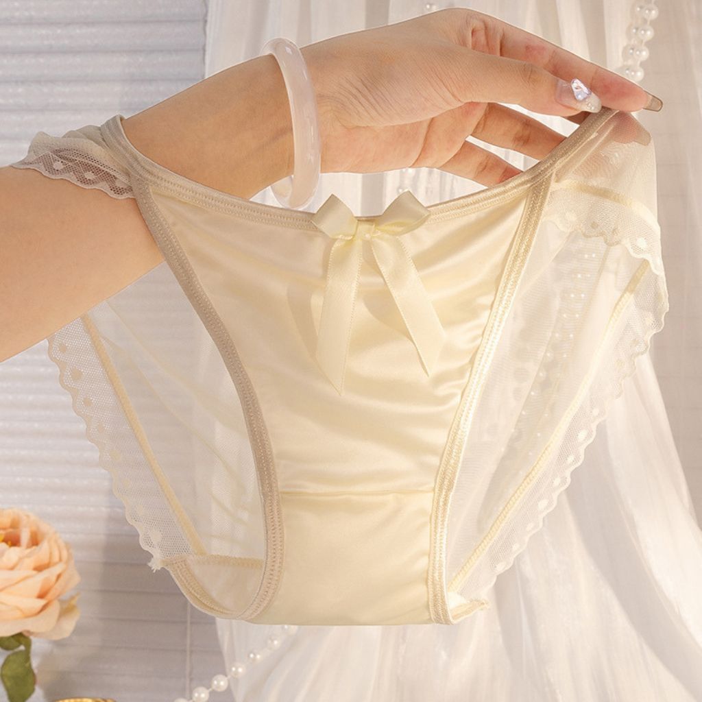 COMBO4 Quần lót nữ lụa satin sang trọng gợi cảm phối lưới thoáng khí má mẻ đính nơ cute LANIXA L8836