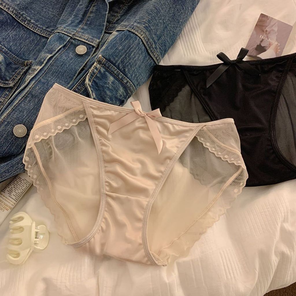 COMBO4 Quần lót nữ lụa satin sang trọng gợi cảm phối lưới thoáng khí má mẻ đính nơ cute LANIXA L8836