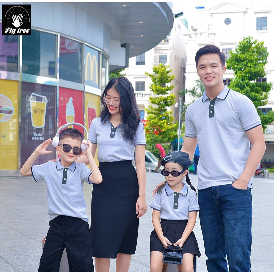 Set Gia Đình Fig Tree Thun Polo Cá Sấu Màu Xám Phối Xanh Đen, Vải Co Giãn, Hàng thiết kế, Nhiều size
