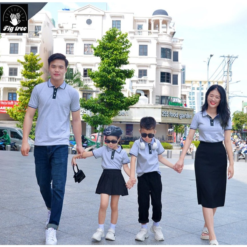Set Gia Đình Fig Tree Thun Polo Cá Sấu Màu Xám Phối Xanh Đen, Vải Co Giãn, Hàng thiết kế, Nhiều size