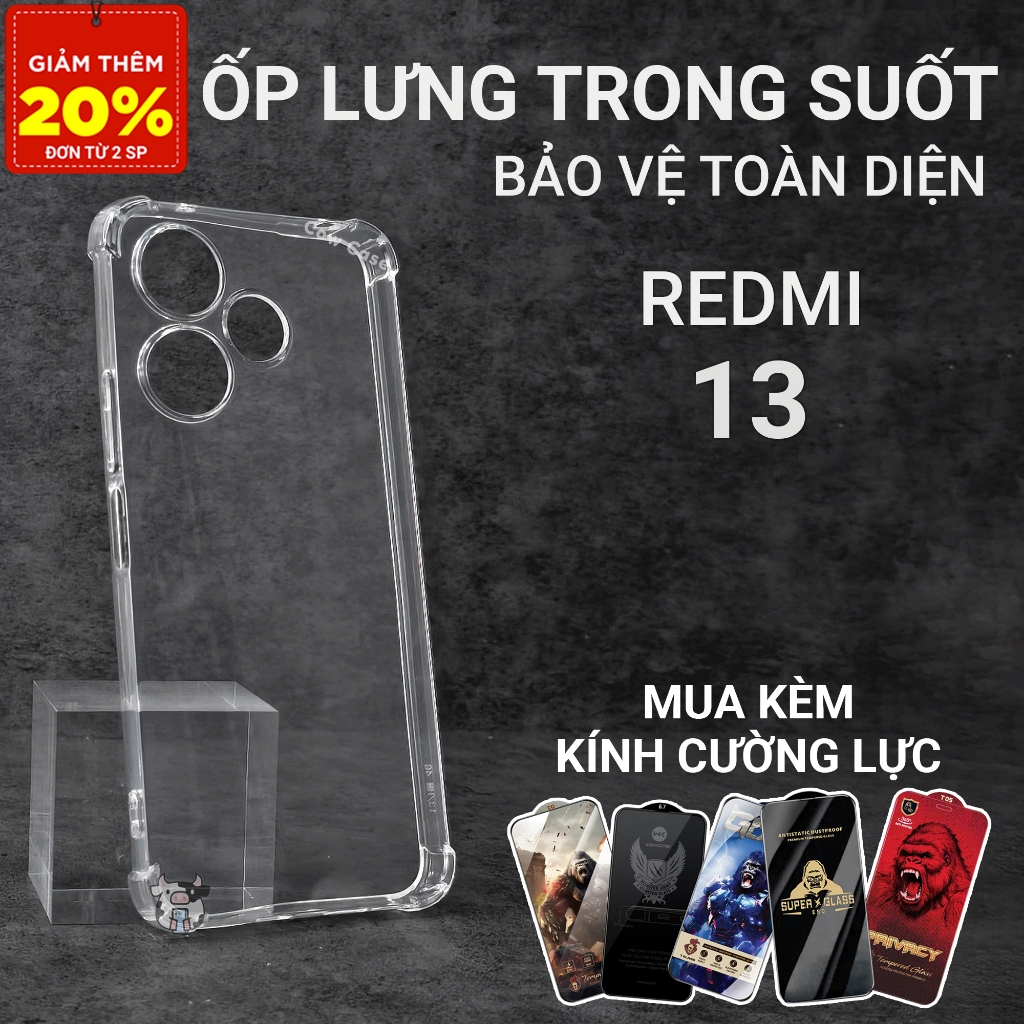 Ốp lưng Redmi 13, 13x Cowcase trơn trong suốt | Ốp điện thoại Xiaomi dẻo bảo vệ camera đt toàn diện