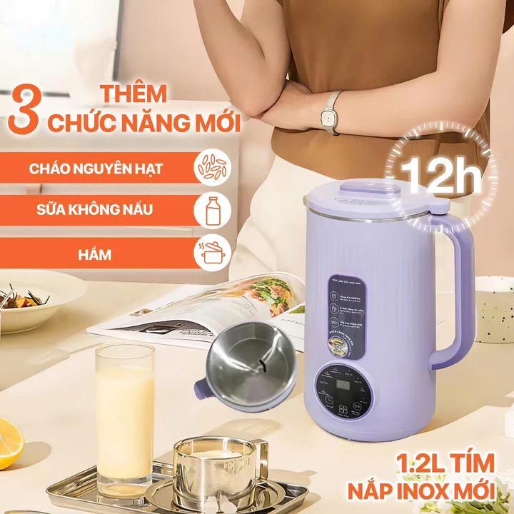 Máy làm sữa hạt thêm 3 chức năng cháo nguyên hạt, sữa không nấu, hầm cho phiên bản 1.2L nắp inox mới mini model SM - 103