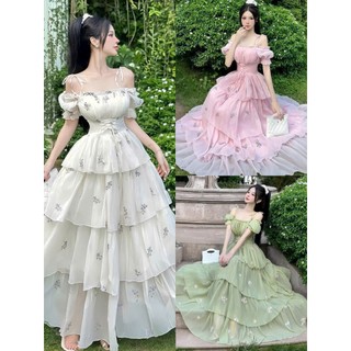 Đầm thời trang nữ chất Tơ trễ vai có dây họa tiết hoa thắt eo váy maxi tầng xòe phong cách nhẹ nhàng