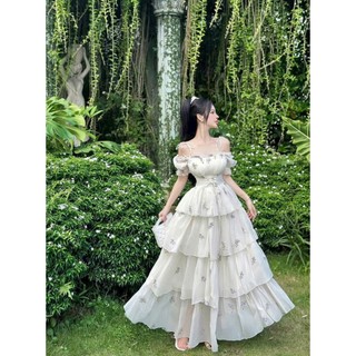 Đầm thời trang nữ chất Tơ trễ vai có dây họa tiết hoa thắt eo váy maxi tầng xòe phong cách nhẹ nhàng