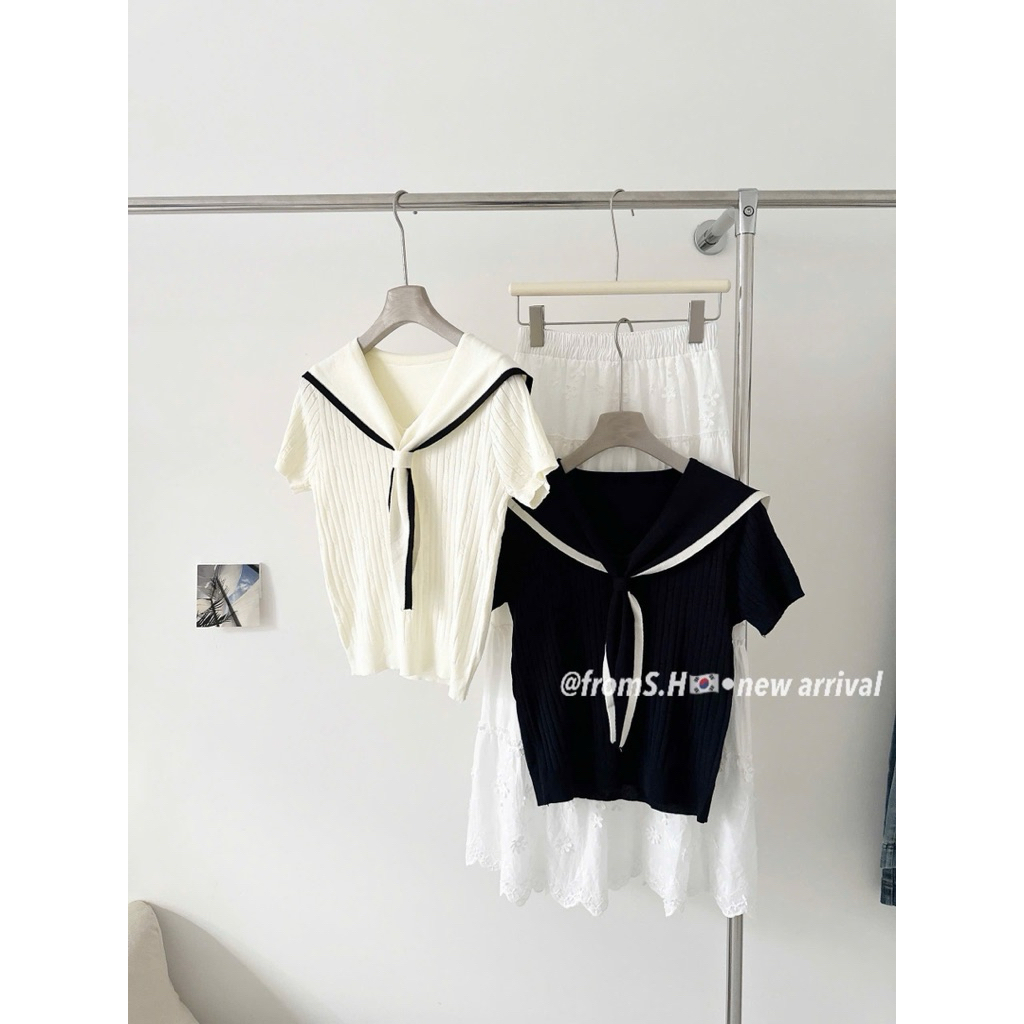 Áo len mongtoghi nữ cộc tay chất len dệt kim dáng thủy thủ thanh lịch basic Hàn Quốc - Sana closet