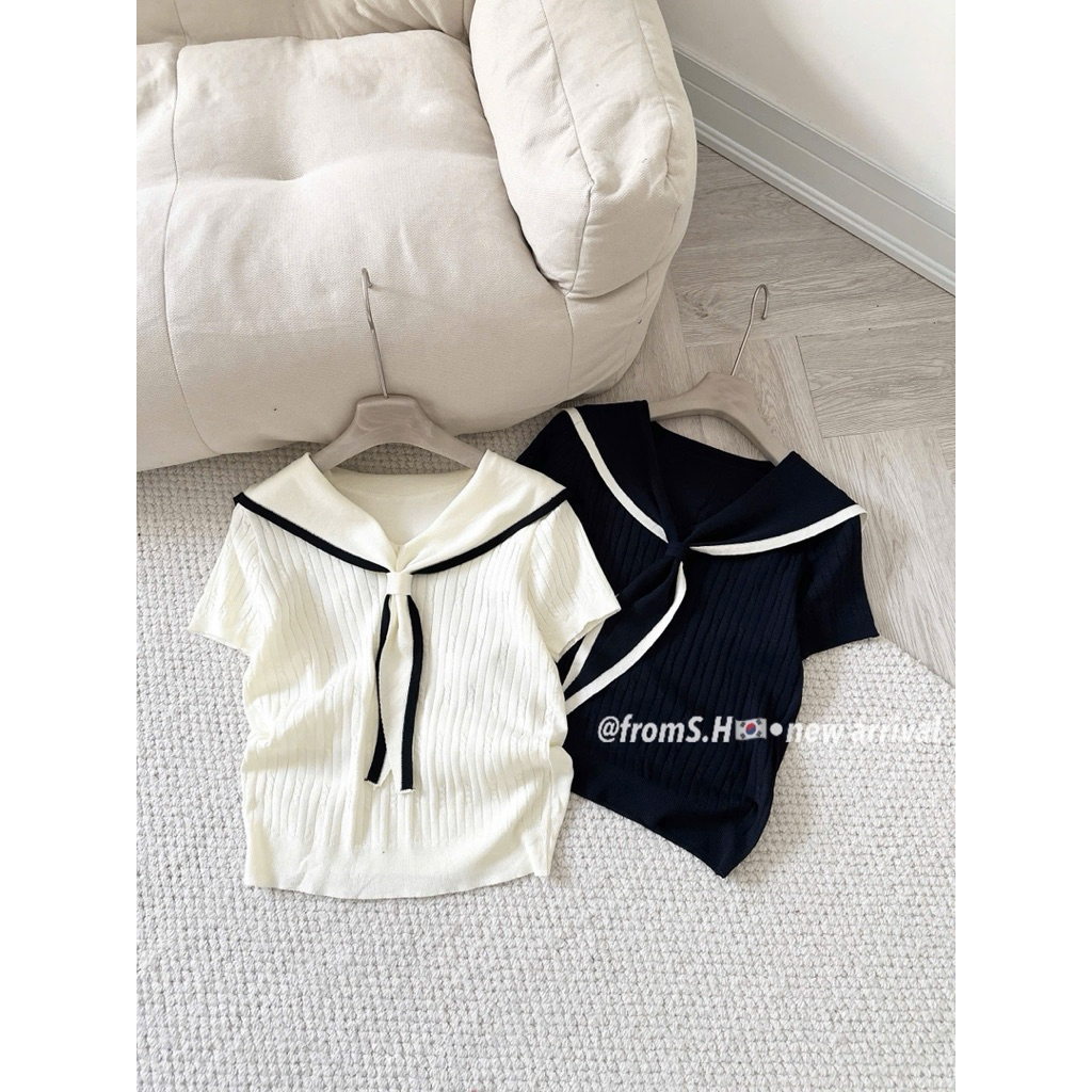 Áo len mongtoghi nữ cộc tay chất len dệt kim dáng thủy thủ thanh lịch basic Hàn Quốc - Sana closet