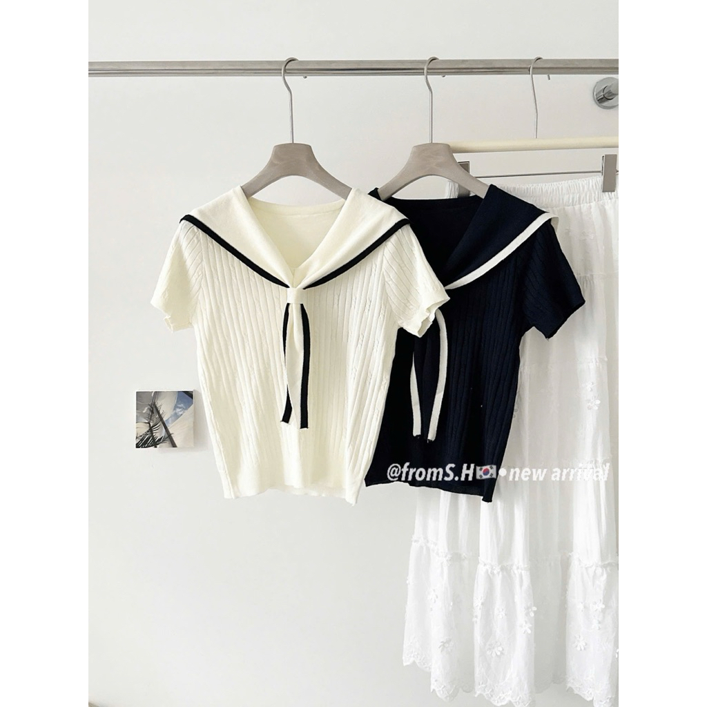 Áo len mongtoghi nữ cộc tay chất len dệt kim dáng thủy thủ thanh lịch basic Hàn Quốc - Sana closet