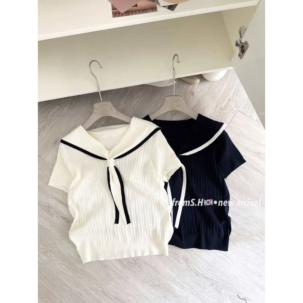 Áo len mongtoghi nữ cộc tay chất len dệt kim dáng thủy thủ thanh lịch basic Hàn Quốc - Sana closet