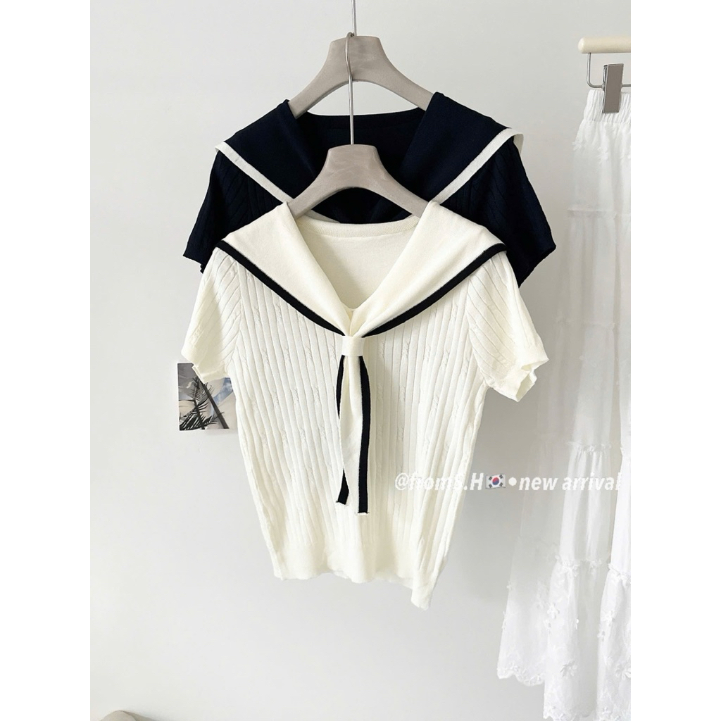 Áo len mongtoghi nữ cộc tay chất len dệt kim dáng thủy thủ thanh lịch basic Hàn Quốc - Sana closet