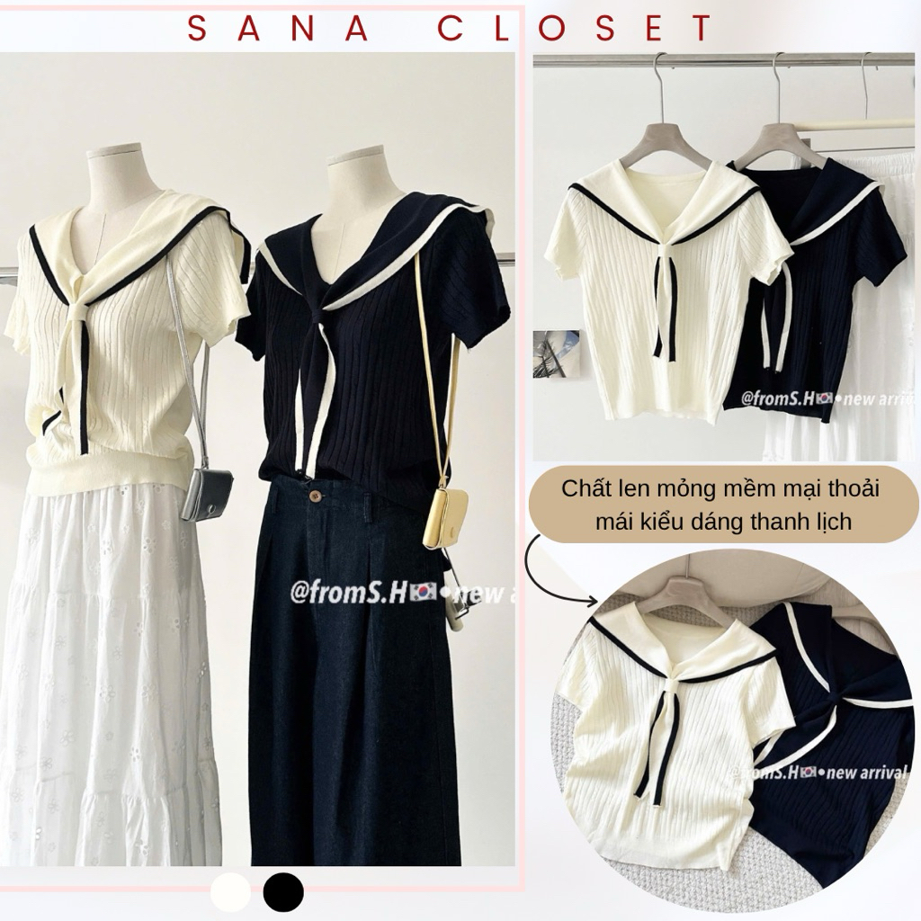 Áo len mongtoghi nữ cộc tay chất len dệt kim dáng thủy thủ thanh lịch basic Hàn Quốc - Sana closet