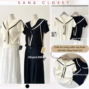 Áo len mongtoghi nữ cộc tay chất len dệt kim dáng thủy thủ thanh lịch basic Hàn Quốc - Sana closet