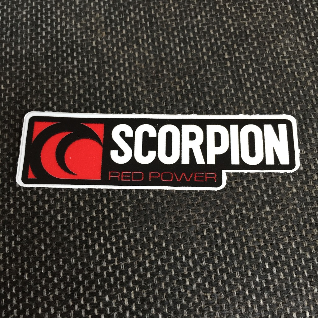 Scorpion[8.8x2.5cm] decal cao cấp chống nước, sắc nét, bền màu, dính chặt. Hình dán logo trang trí mọi nơi