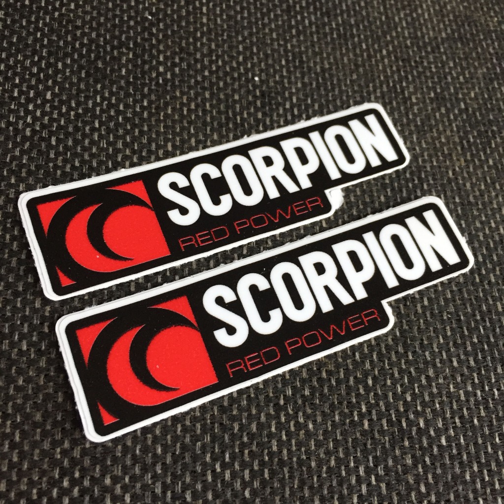 Scorpion[8.8x2.5cm] decal cao cấp chống nước, sắc nét, bền màu, dính chặt. Hình dán logo trang trí mọi nơi