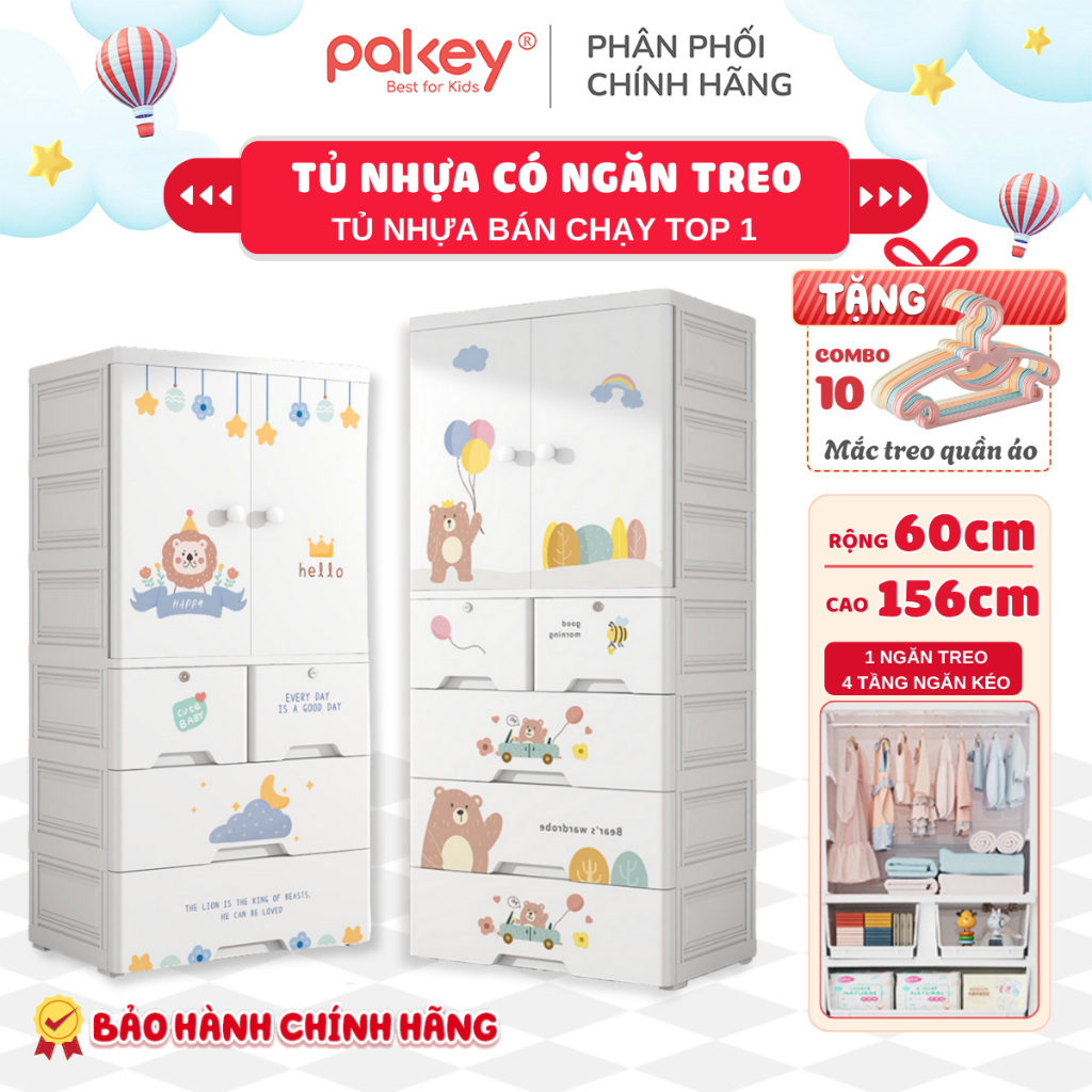 Tủ Quần Áo Cho Bé PAKEY Có Ngăn Treo và Bánh Xe Di Chuyển Tiện Lợi, Tủ Đựng Đồ Nhựa Nguyên Sinh HDPE An Toàn Thân Thiện
