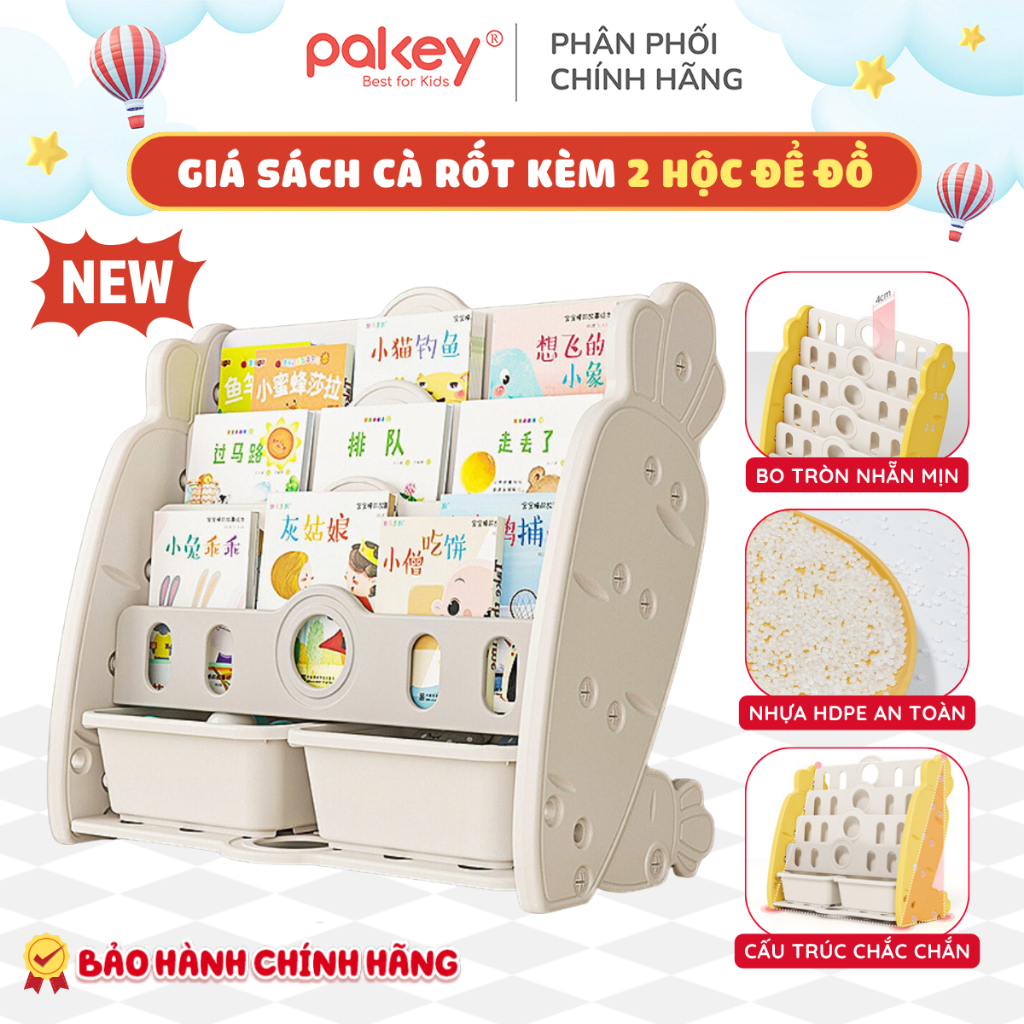 Giá Sách Cho Bé Kèm Hộc Đồ Chơi Pakey - Kệ Sách Nhựa Hình Carot Sẵn 3 Màu Đáng Yêu - Bảo Hành 1 Năm