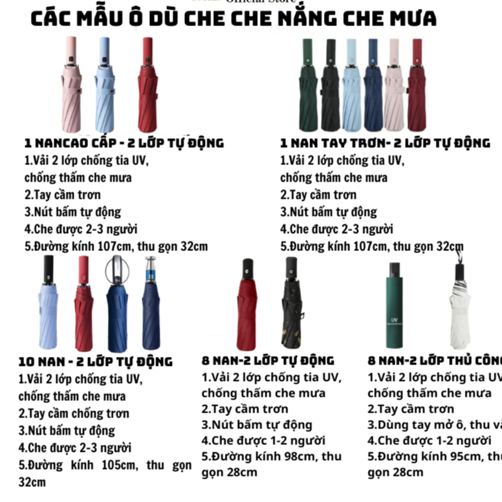 Ô Dù Che Mưa Đi Nắng 3 Lớp ,Gấp Gọn Tự Động, Nhỏ Gọn Cầm Tay 2 Chiều Chống Thấm