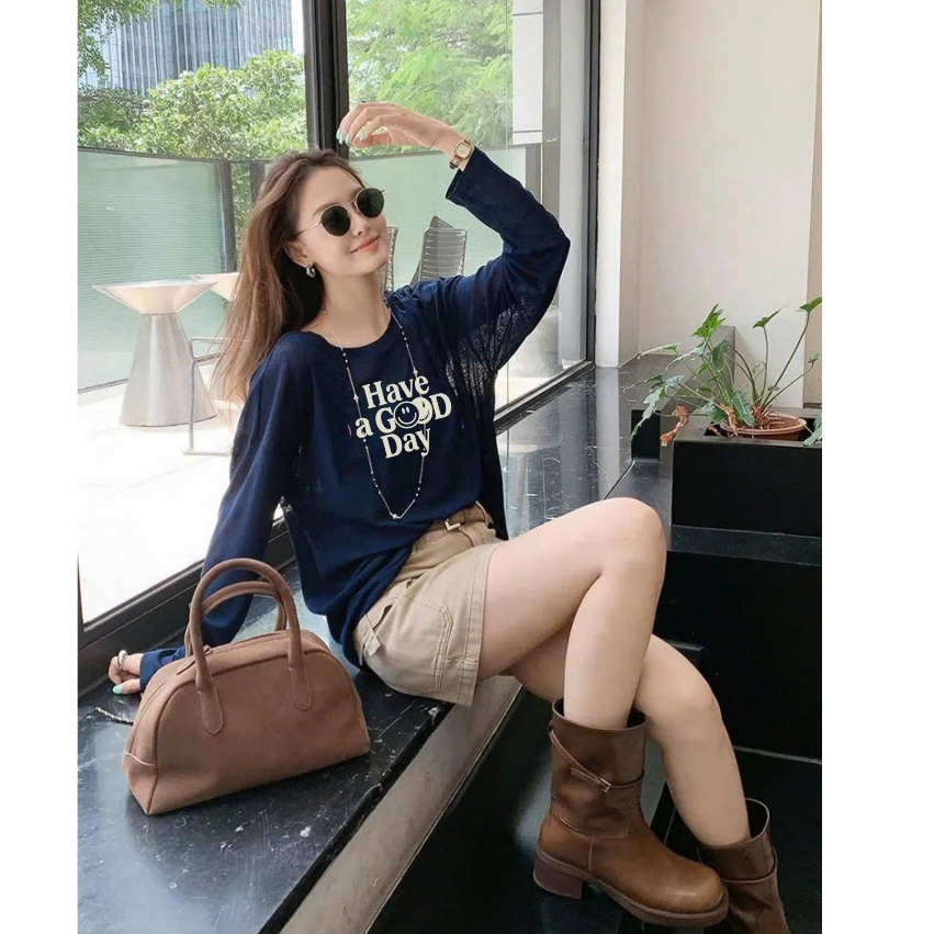 Áo thun nữ tay dài in hình cá tính JULY FASHION, Áo thun dài tay nữ màu xanh đậm chất cotton xượt mềm mại