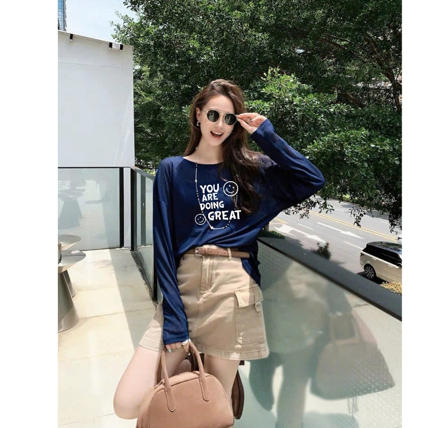 Áo thun nữ tay dài in hình cá tính JULY FASHION, Áo thun dài tay nữ màu xanh đậm chất cotton xượt mềm mại