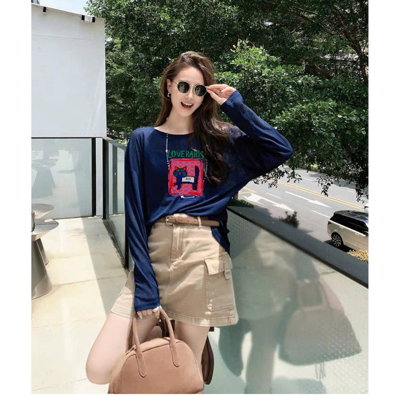Áo thun nữ tay dài in hình cá tính JULY FASHION, Áo thun dài tay nữ màu xanh đậm chất cotton xượt mềm mại
