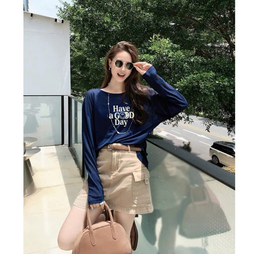 Áo thun nữ tay dài in hình cá tính JULY FASHION, Áo thun dài tay nữ màu xanh đậm chất cotton xượt mềm mại