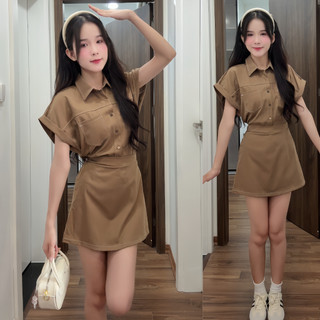 Set áo sơ mi cổ đức tay gập gấu kèm chân váy chữ A dáng ngắn có chun sau ChangStore - S61