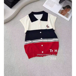 LT - Áo len nữ mongtoghi tay hến cổ bẻ pha nhiều màu phối màu cá tính hoạ tiết cún thêu free size 1150
