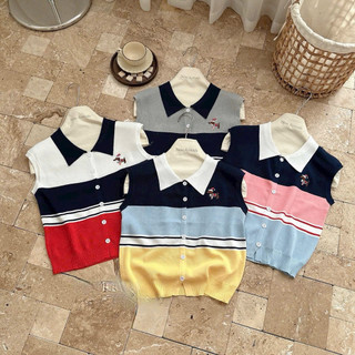 LT - Áo len nữ mongtoghi tay hến cổ bẻ pha nhiều màu phối màu cá tính hoạ tiết cún thêu free size 1150
