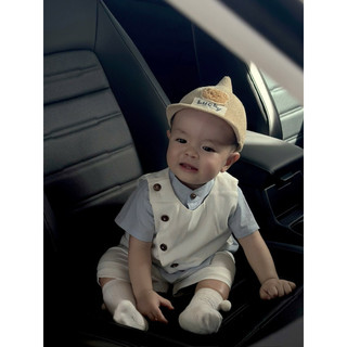 Set vest cách điệu bé trai sơ mi xanh