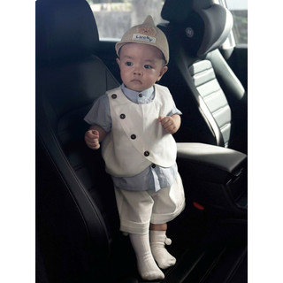 Set vest cách điệu bé trai sơ mi xanh