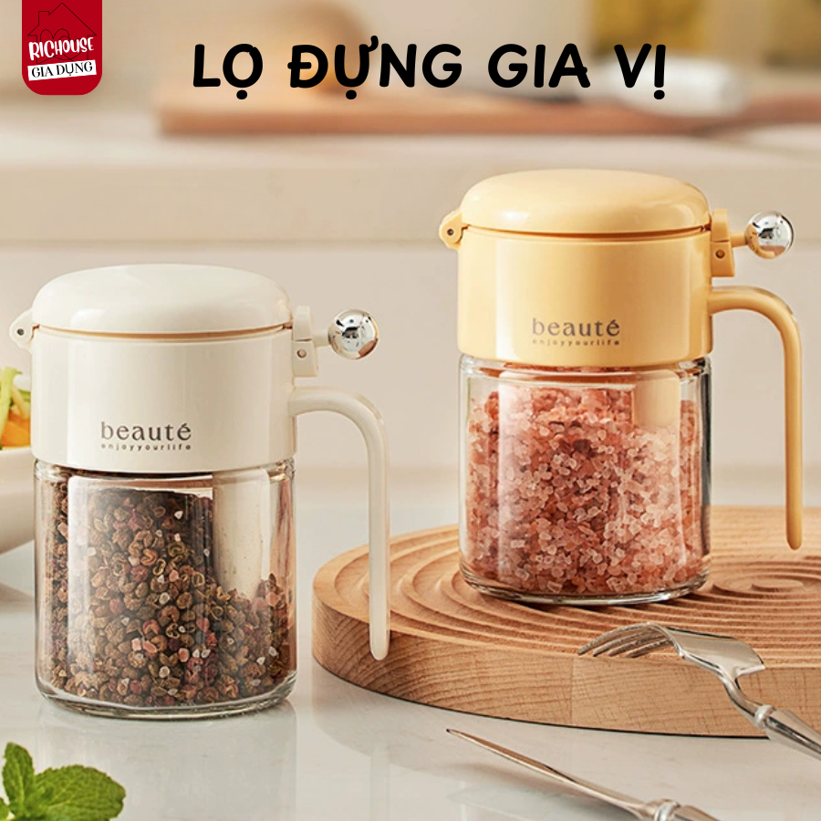 Lọ Đựng Gia Vị Thủy Tinh Kèm Muỗng, Nắp Bật Tự Động Chống Ẩm Ướt, Ngăn Vi Khuẩn