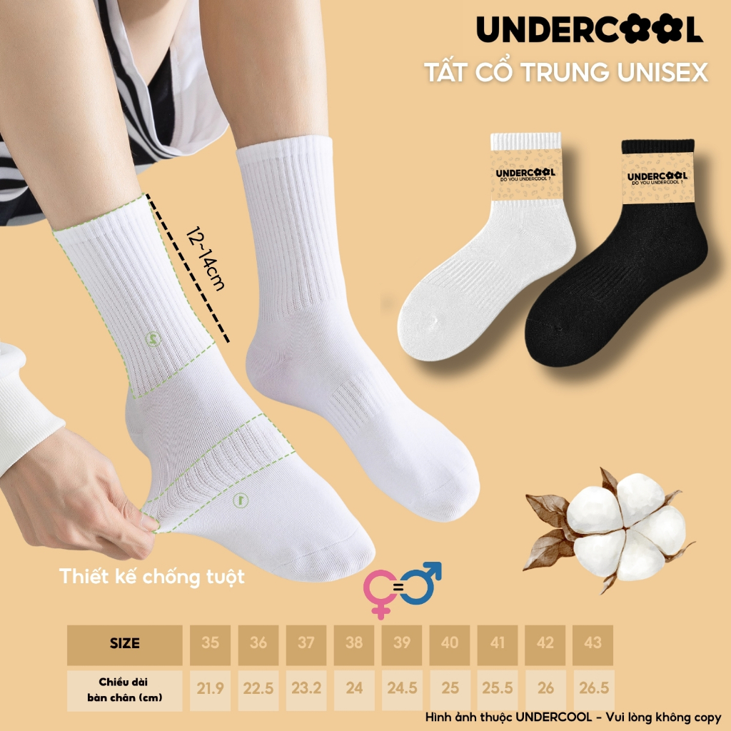 Vớ Tất Nữ Cotton Cổ Trung Thể Thao UNDERCOOL,Dày Dặn Thoáng Khí, Co Giãn Chống Hôi, Phong Cách Basic TC92