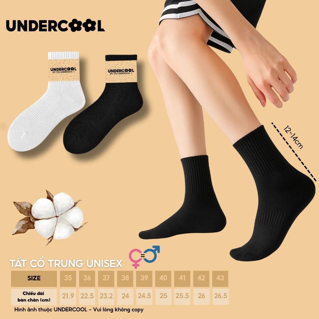 Vớ Tất Nữ Cotton Cổ Trung Thể Thao UNDERCOOL,Dày Dặn Thoáng Khí, Co Giãn Chống Hôi, Phong Cách Basic TC92