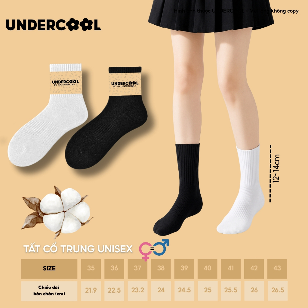 Vớ Tất Nữ Cotton Cổ Trung Thể Thao UNDERCOOL,Dày Dặn Thoáng Khí, Co Giãn Chống Hôi, Phong Cách Basic TC92