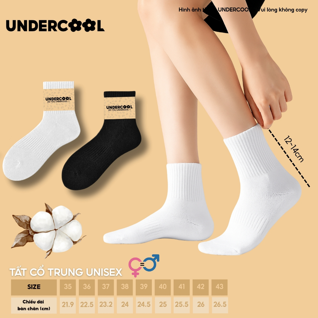 Vớ Tất Nữ Cotton Cổ Trung Thể Thao UNDERCOOL,Dày Dặn Thoáng Khí, Co Giãn Chống Hôi, Phong Cách Basic TC92
