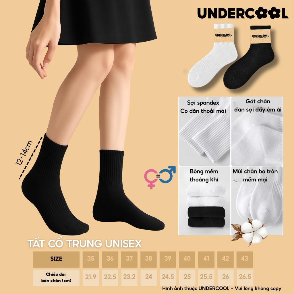 Vớ Tất Nữ Cotton Cổ Trung Thể Thao UNDERCOOL,Dày Dặn Thoáng Khí, Co Giãn Chống Hôi, Phong Cách Basic TC92