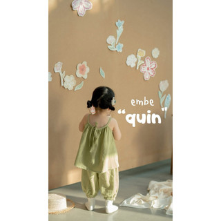 Set áo dây + quần dài linen xanh rêu cho bé gái
