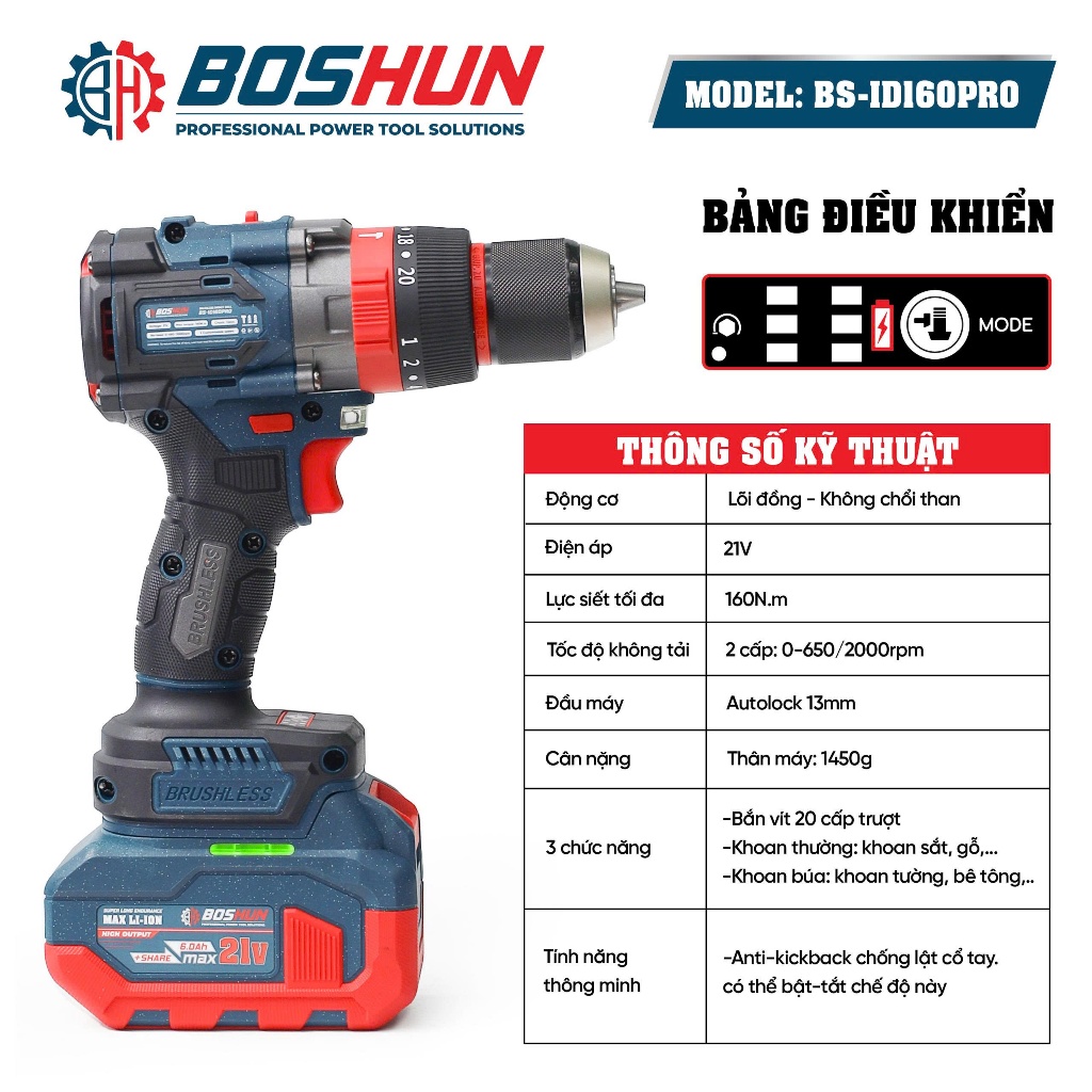 [Chính Hãng] Máy Khoan Rút Lõi 160N Boshun BS-ID160PRO Có Antikickback Chuyên Rút Lõi, Khoan Bê Tông, Tường,...