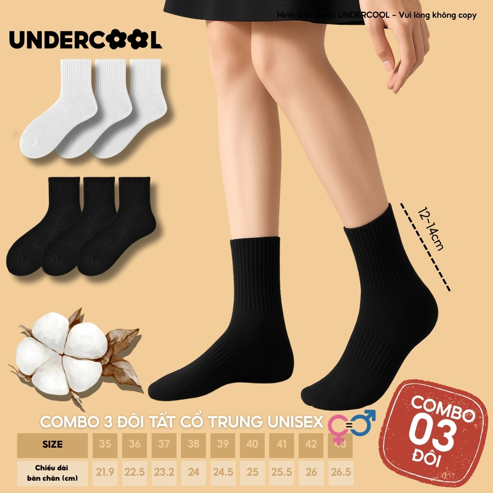 Set 3 Đôi Vớ Tất Nữ Cổ Trung Unisex UNDERCOOL Cotton Dày Dặn, Thoáng Khí, Co Giãn Tốt, Vớ Thể Thao Basic CB-TC92
