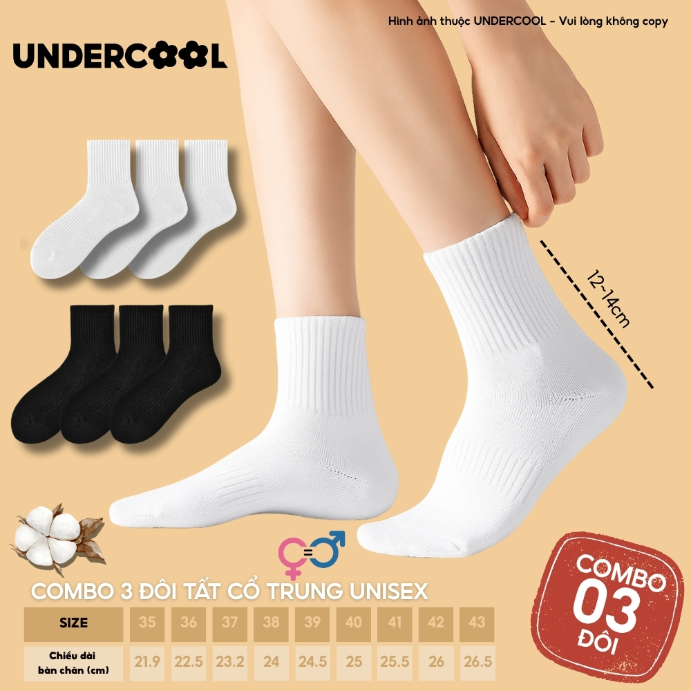 Set 3 Đôi Vớ Tất Nữ Cổ Trung Unisex UNDERCOOL Cotton Dày Dặn, Thoáng Khí, Co Giãn Tốt, Vớ Thể Thao Basic CB-TC92
