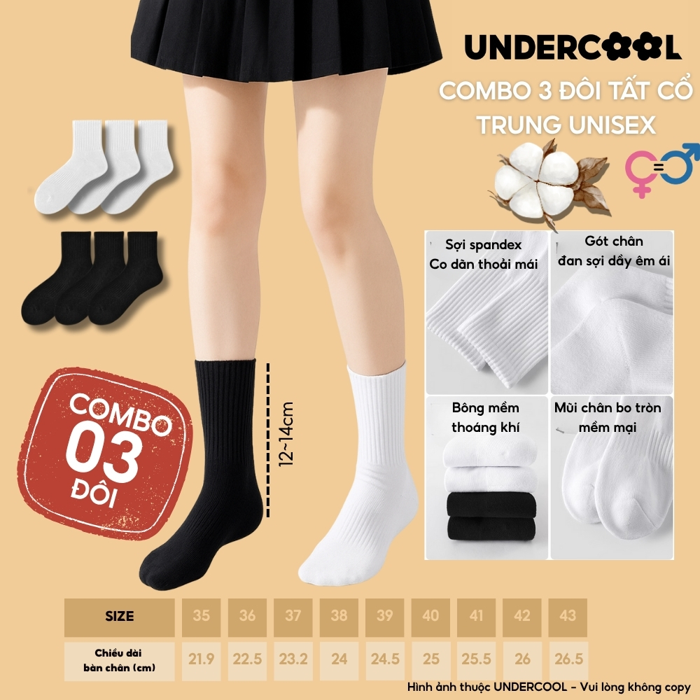Set 3 Đôi Vớ Tất Nữ Cổ Trung Unisex UNDERCOOL Cotton Dày Dặn, Thoáng Khí, Co Giãn Tốt, Vớ Thể Thao Basic CB-TC92