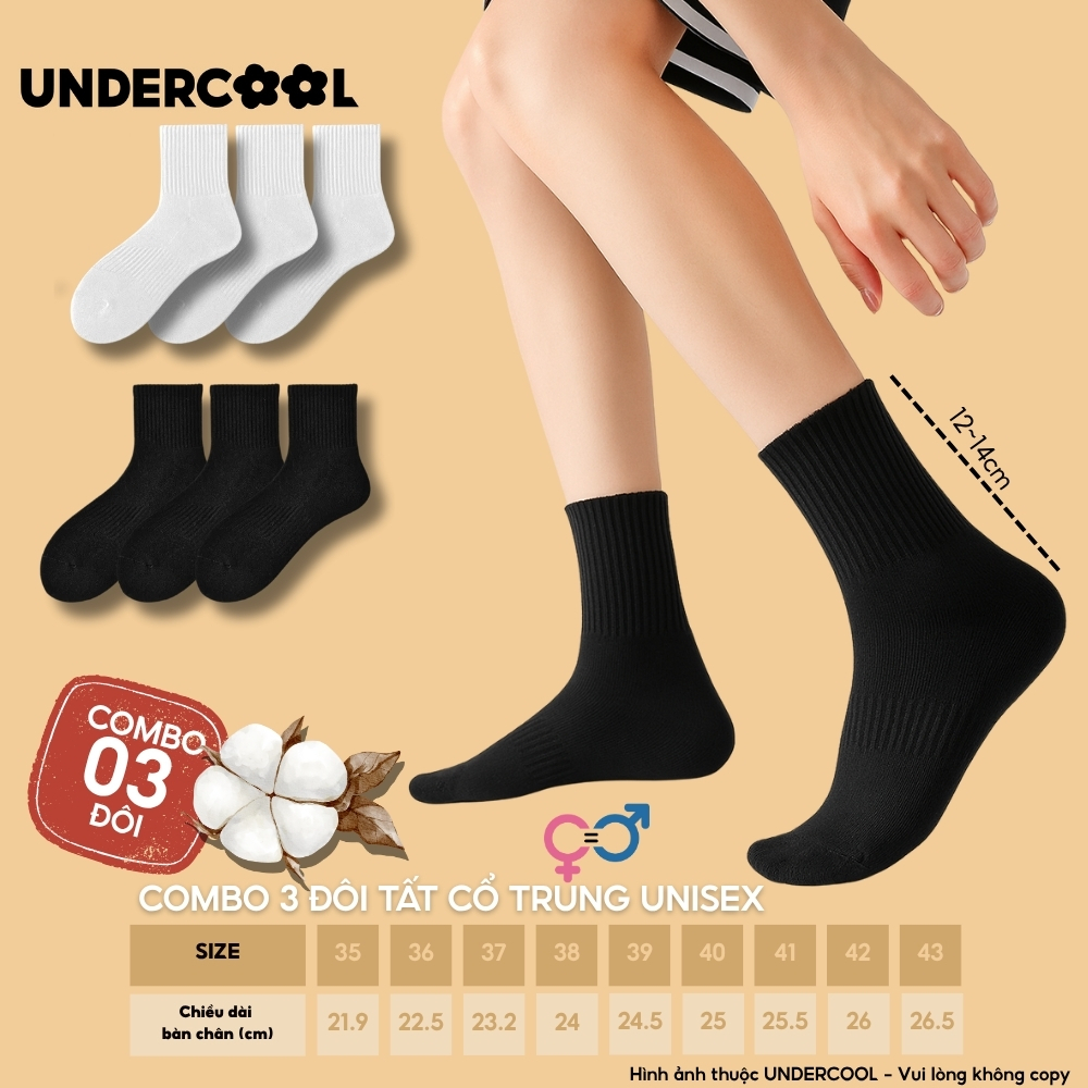 Set 3 Đôi Vớ Tất Nữ Cổ Trung Unisex UNDERCOOL Cotton Dày Dặn, Thoáng Khí, Co Giãn Tốt, Vớ Thể Thao Basic CB-TC92