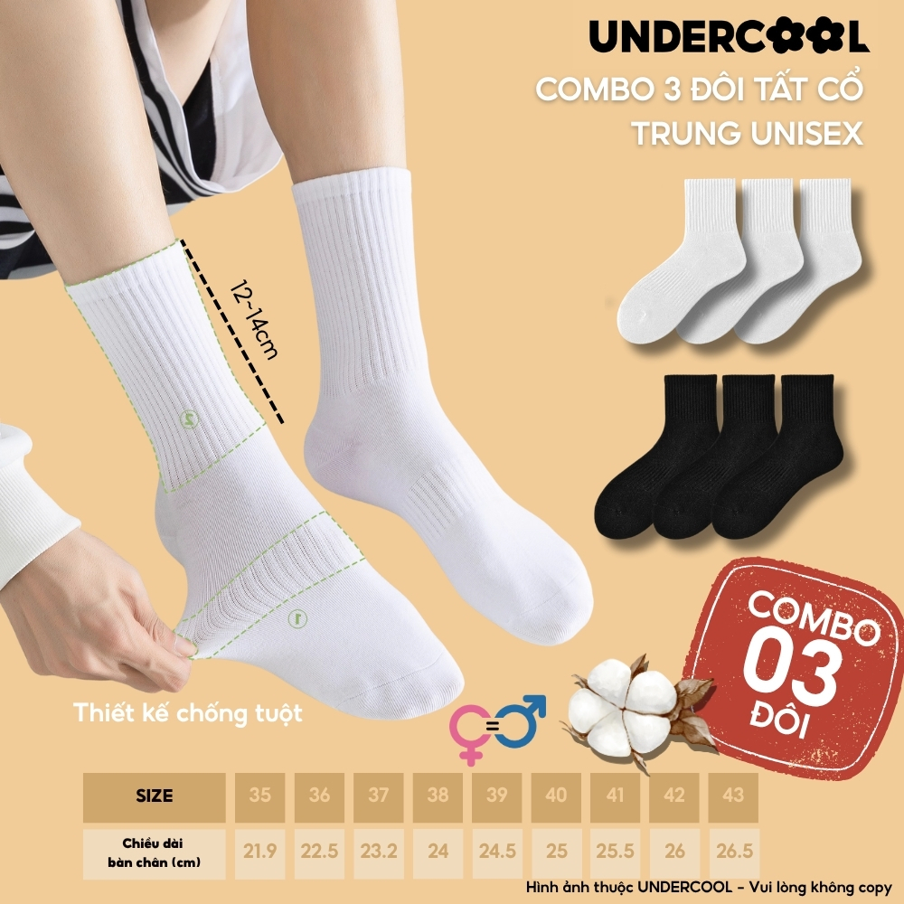 Set 3 Đôi Vớ Tất Nữ Cổ Trung Unisex UNDERCOOL Cotton Dày Dặn, Thoáng Khí, Co Giãn Tốt, Vớ Thể Thao Basic CB-TC92