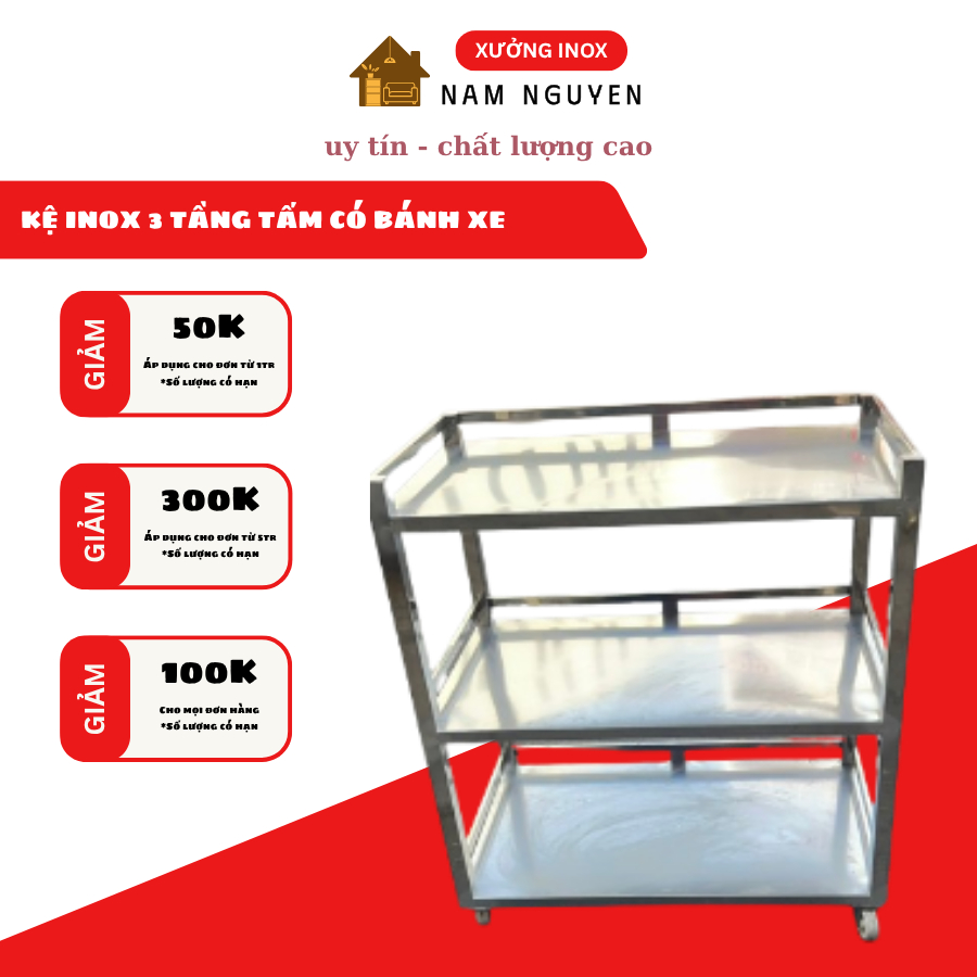 kệ inox 3 tầng tấm mặt phẳng để đồ dụng cụ nhà bếp