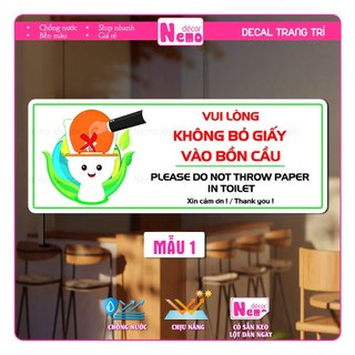 Decal Vui Lòng Không Bỏ Giấy Vào Bồn Cầu, Bảng Nội Quy Dán Nhà Vệ Sinh, Toilet, WC, Nhà Tắm, Chống Nước Chịu Nhiệt Tốt.