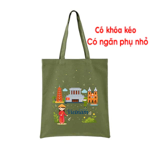 Túi tote màu xanhWELLCOME TO VIET NAM có khóa kéo túi vải canvas túi bag đeo vai đi chơi đi học tuie0223