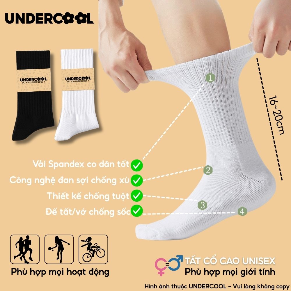 Tất Vớ Nữ Uniex Cổ Cao Cotton UNDERCOOL Thoáng Mát Chống Hôi Chân, Co Giãn Tốt, Vớ Thể Thao Dày Dặn Basic TC91