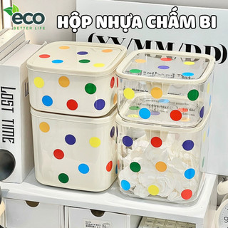 Hộp Nhựa Đựng Đồ Đa Năng Họa Tiết Chấm Bi, Hộp Đựng Đồ Trang Điểm Mini Nắp Nhấn Tiện Lợi